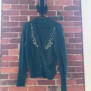 Express Dark Green Jeweled V-Neck Cardigan